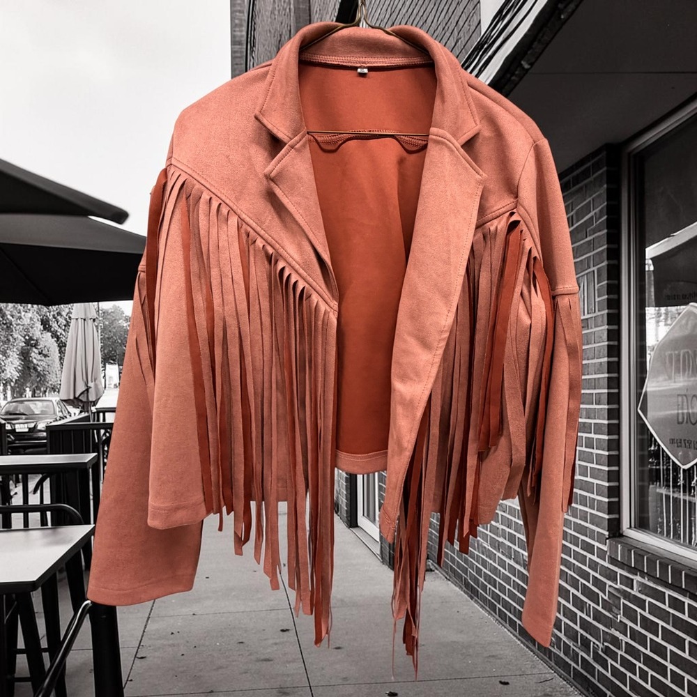 Womens XL Coral Western Cropped Fringe Open Front Jacket Faux Suede Cowgirl Boho